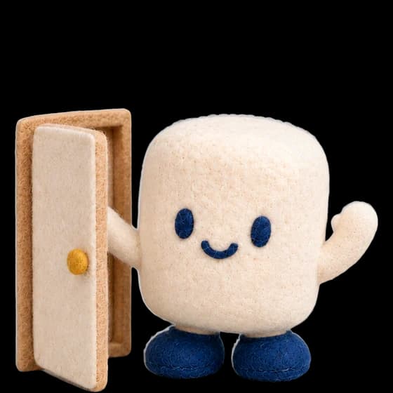 Mello waving hello beside an open door