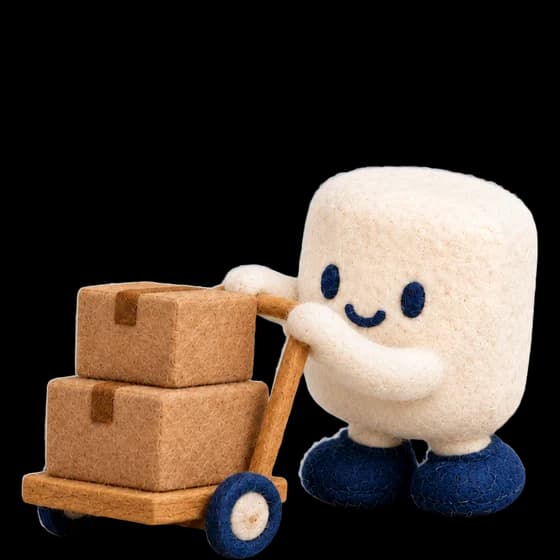 Mello pushing a box on a trolley