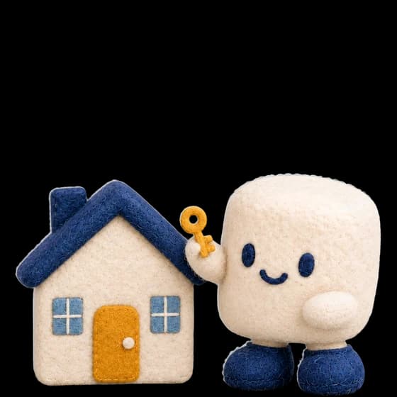 Mello standing by a little felt building
