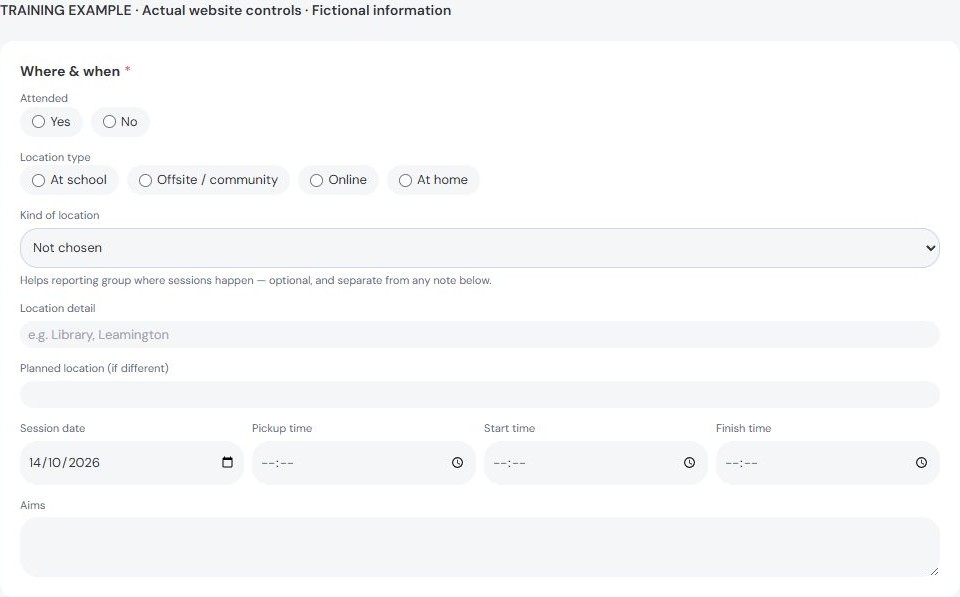 Time, location and aims fields in the actual write-up form