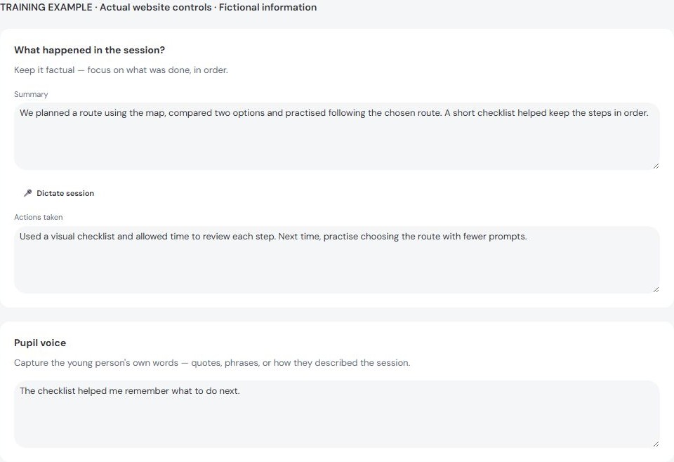 Summary, actions and voice fields with fictional example text